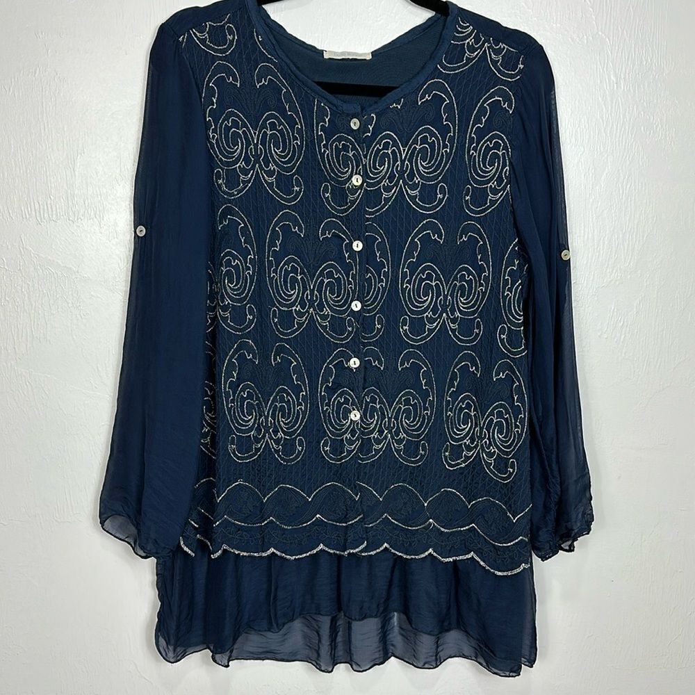 Belle France Silk Blend Embroidered Button Front Long Sleeve Top Blouse Size M